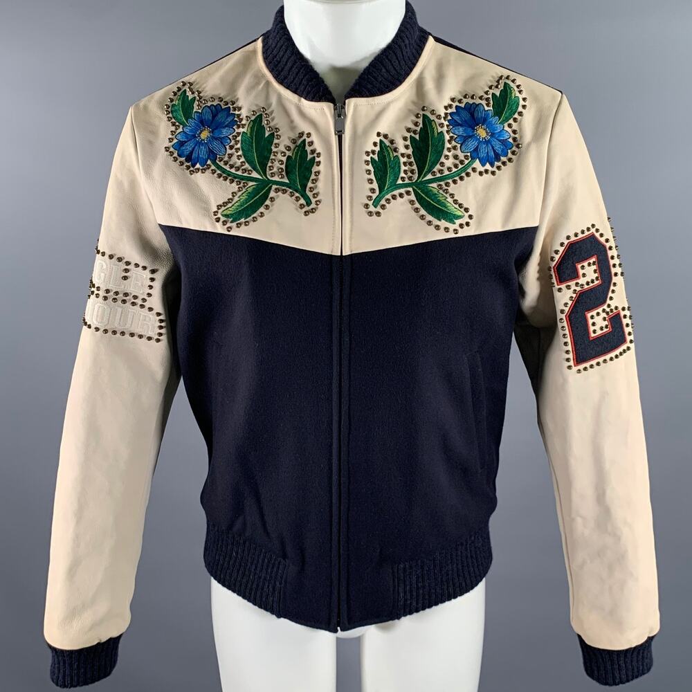GUCCI Size 40 Navy Beige Studded Wool Zip Up Bomber Jacket